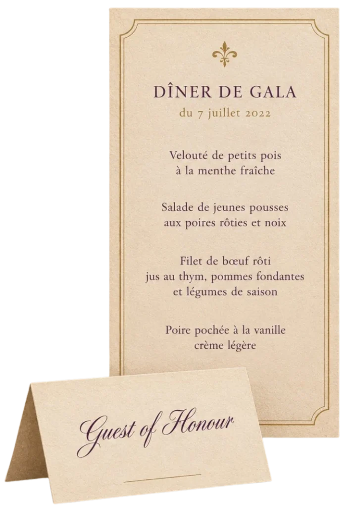 A gala menu card and a Guest of Honour place card