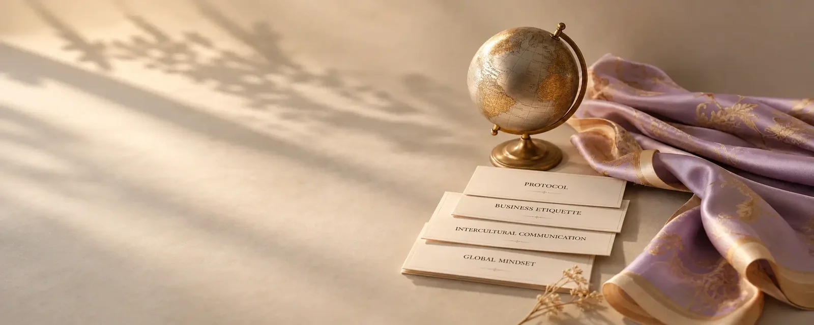 A brass globe, a lilac silk scarf and cards lettered Protocol, Business Etiquette, Intercultural Communication and Global Mindset