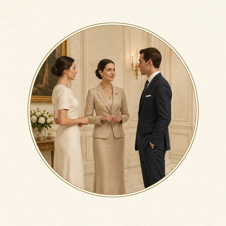 Three people meeting in a panelled salon, one making an introduction