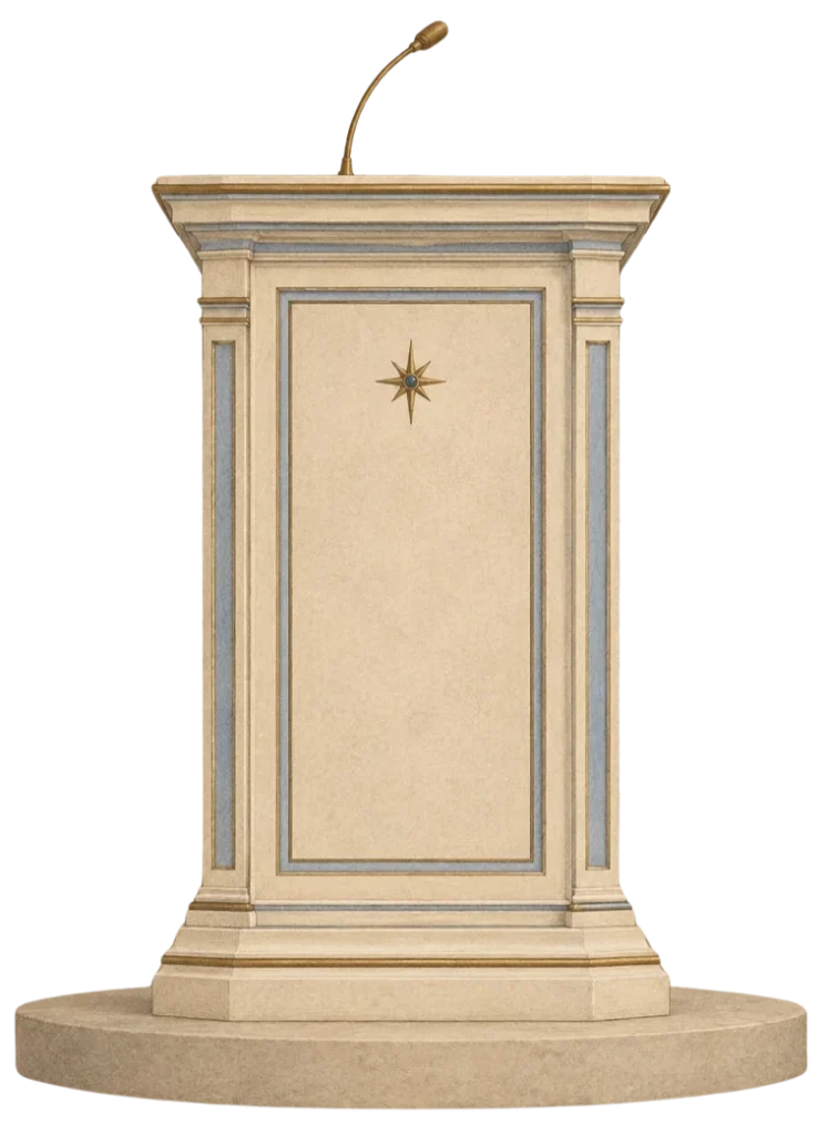 A lectern with a microphone on a low round dais