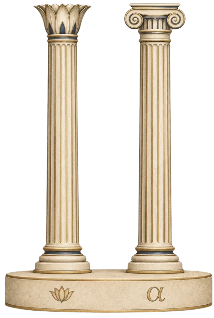 Two fluted columns, one with an Egyptian lotus capital and one Ionic, on a shared base