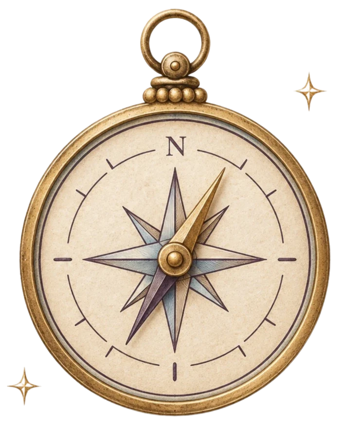 A brass pocket compass with its needle pointing north
