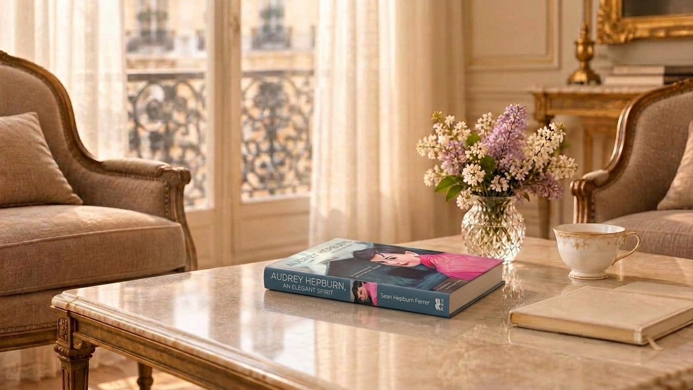 A Louis XVI-style salon bathed in warm golden-hour light through large French doors, with an ivory marble table holding a porcelain teacup, leather notebook, vase of white and lilac flowers, and Audrey Hepburn, An Elegant Spirit by Sean Hepburn Ferrer.