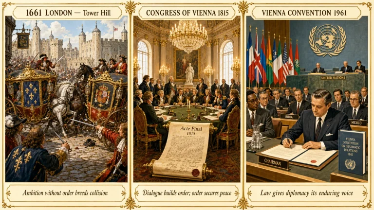 Protocol triptych: 1661 carriages dispute, Congress of Vienna 1815, Vienna Convention 1961.