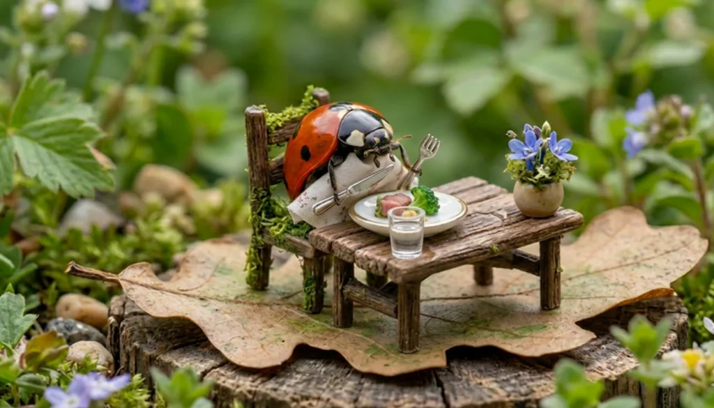 A Ladybird sitting at a miniature wooden table in nature holding cutlery properly and using a napkin.