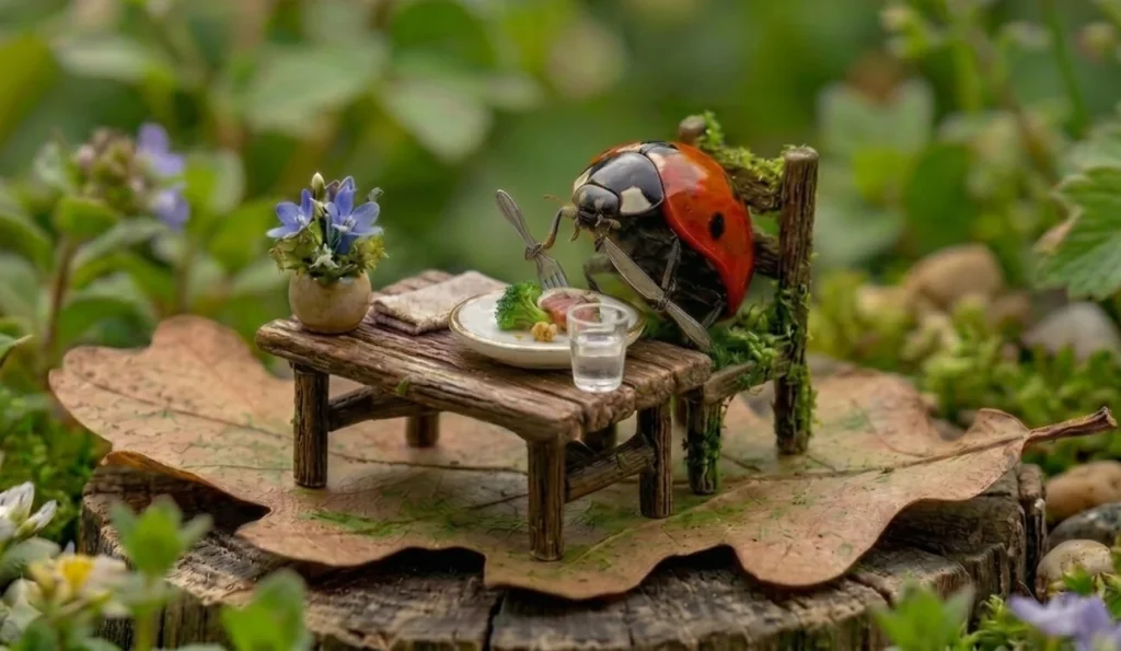 A Ladybird sitting at a miniature wooden table in nature holding cutlery awkwardly wrong, glass in the wrong place and napkin ignored.