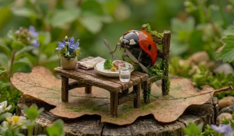 A Ladybird sitting at a miniature wooden table in nature holding cutlery awkwardly wrong, glass in the wrong place and napkin ignored.
