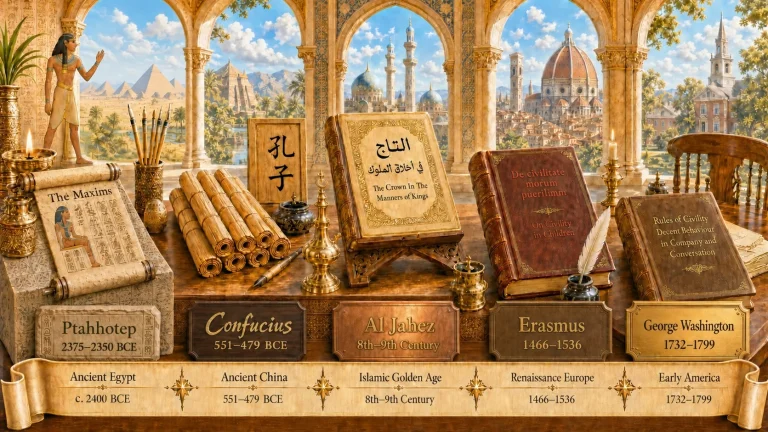 A pentaptych of the works of Ptahhotep, Confucius, Al Jahez, Erasmus and Washington with corresponding cultural architecture in the background.