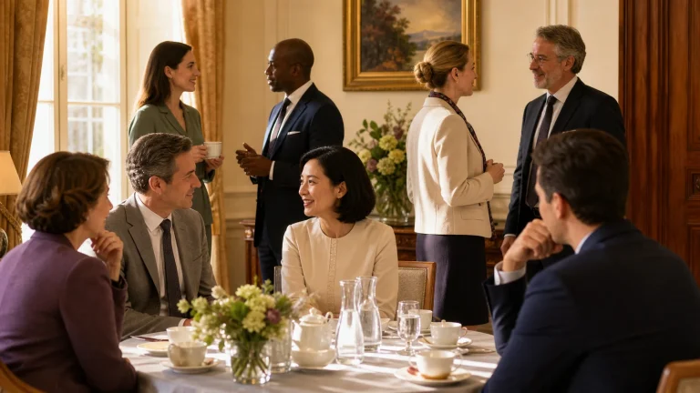 A social club gathering showing people in conversation, with a few guests seated around a table and a few others standing.